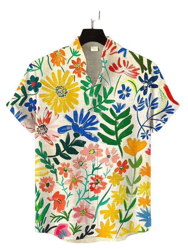 🌺 Camisa de Hombre Floreada con Cuello Mao