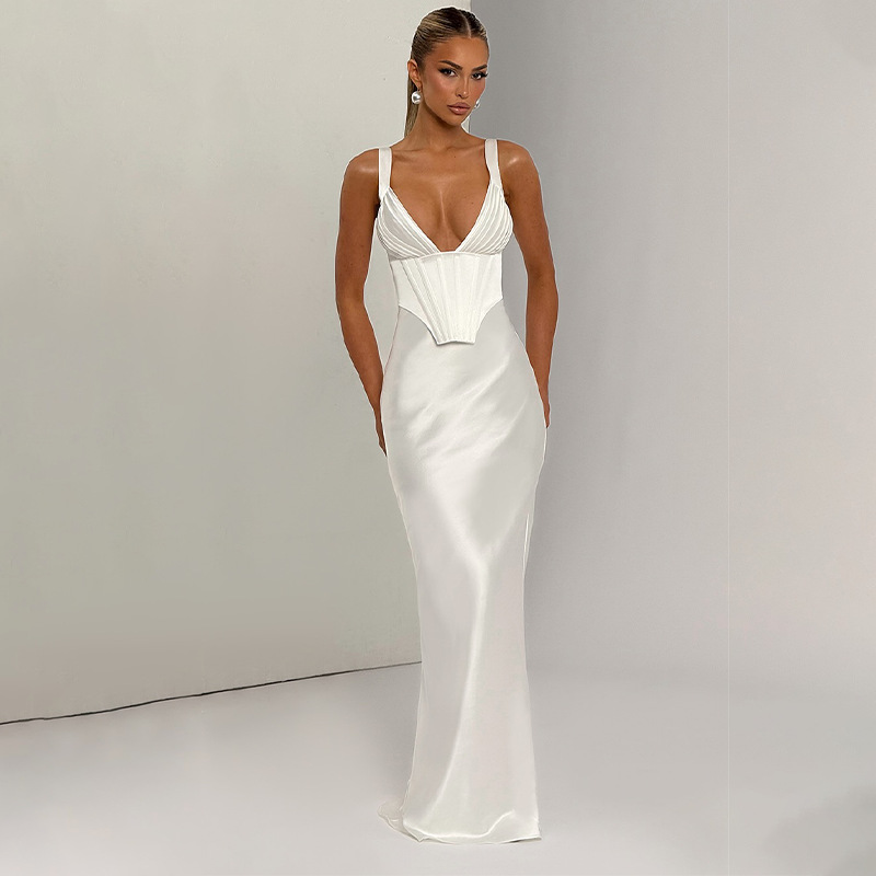 👗 Vestido Corsé de Tirantes en Poliéster Seda – En Blanco Perla y Rojo | Hasta la Talla 3XL