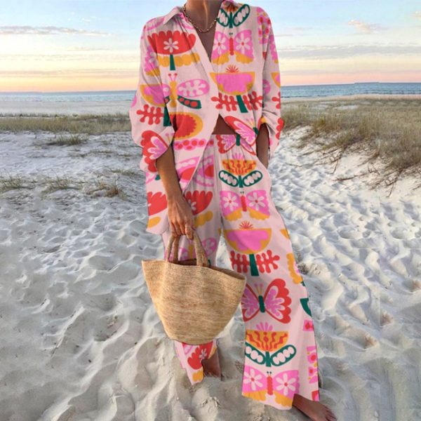 👗 Conjunto Fresco de Camisa Estampada y Pantalón Largo para Mujer - Imagen 3