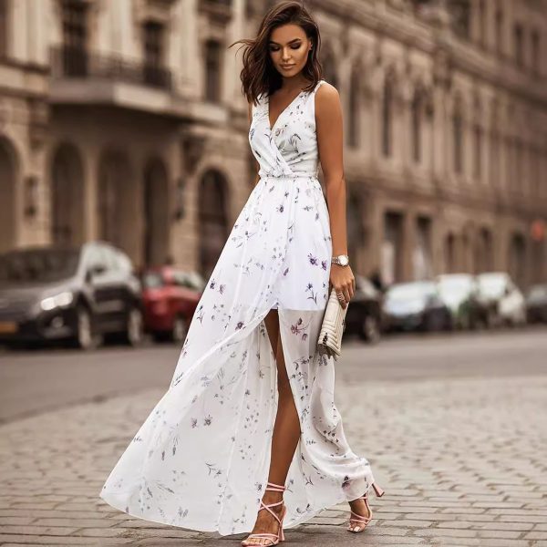 Vestido largo estampado mujer – Lazo en cintura, falda línea A - Imagen 4
