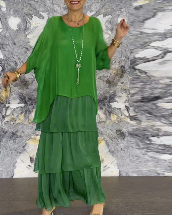 Vestido largo dolman mangas – Volantes, cuello redondo • S a 4XL - Imagen 2