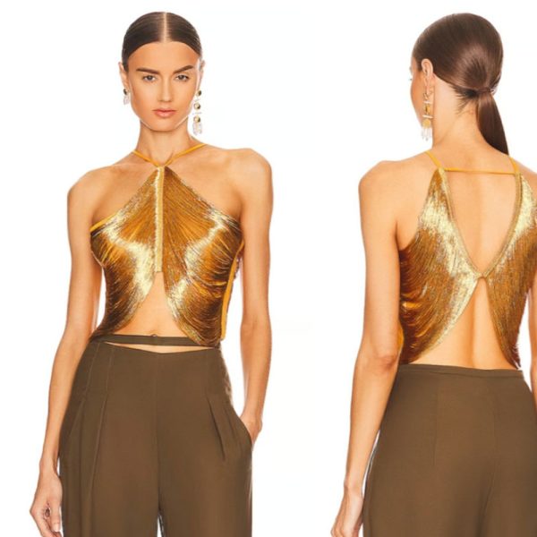Top halter elegante de poliéster – Dorado y plateado, espalda descubierta - Imagen 2