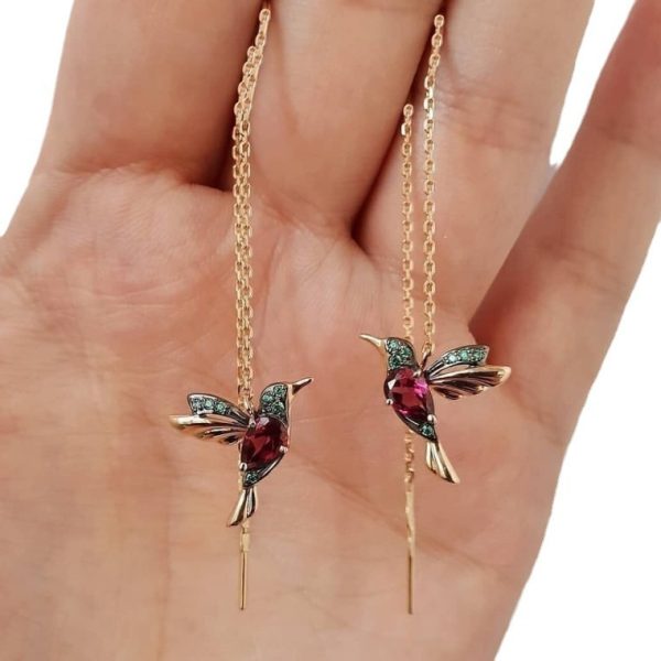 Pendientes Colibrí Largos – Piedras Azul y Roja, Dos Colores - Imagen 2