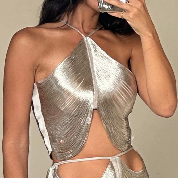 Top halter elegante de poliéster – Dorado y plateado, espalda descubierta - Imagen 4