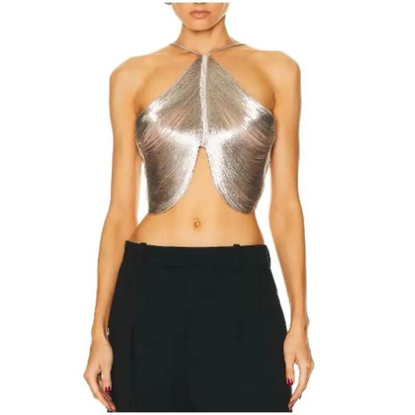 Top halter elegante de poliéster – Dorado y plateado, espalda descubierta - Imagen 5