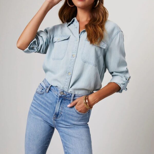 Camisa Vaquera de Mujer 100% Algodón – Manga Larga con Opción 3/4 - Imagen 3