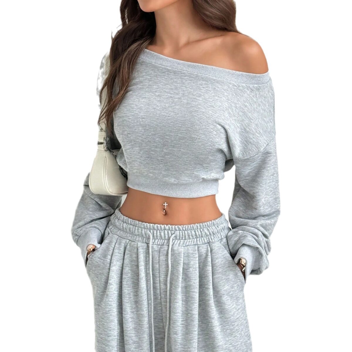 Chándal moderno para mujer – Sudadera holgada con hombros descubiertos y pantalón de pata ancha