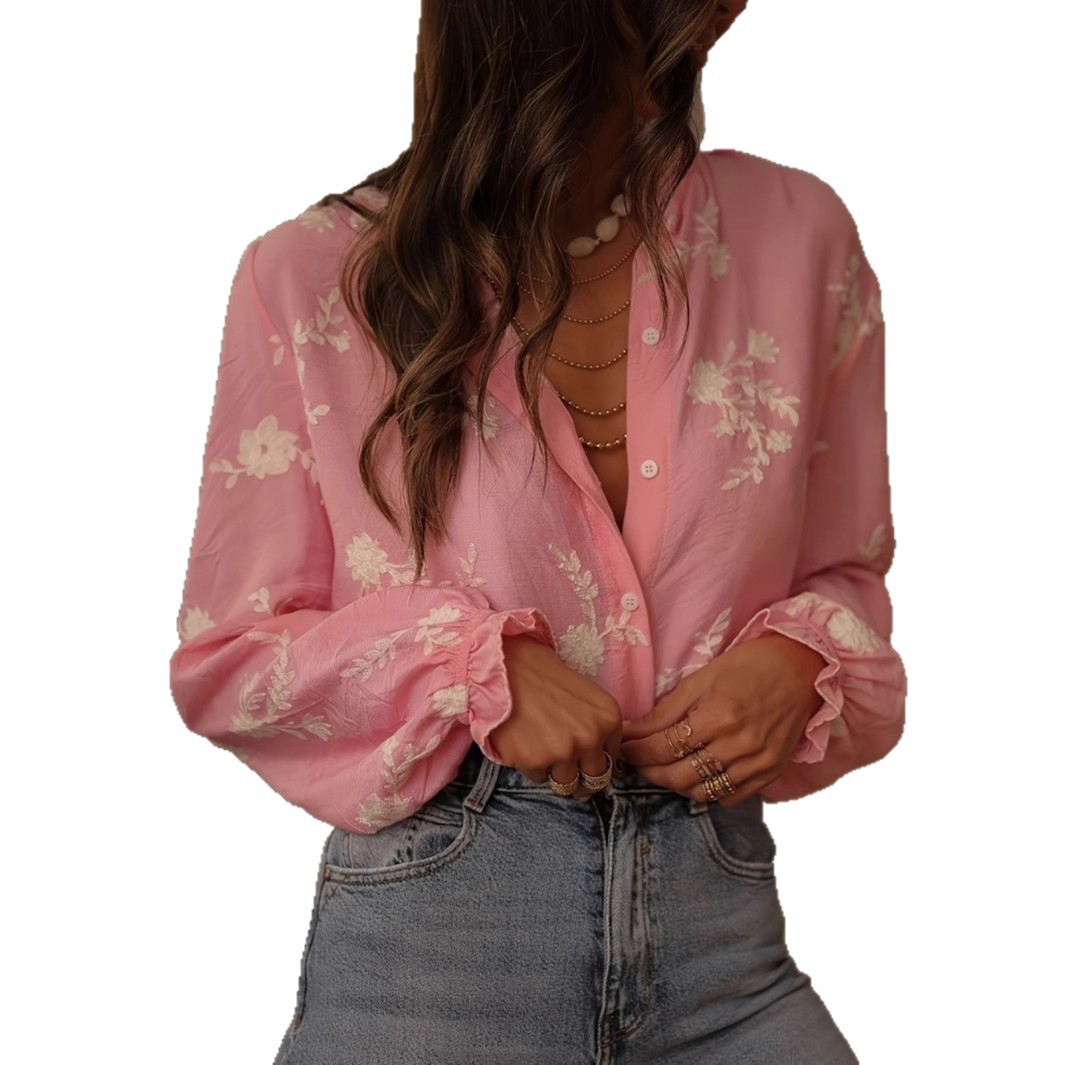Camisa de mujer con bordados florales – Manga larga farol y cuello mao con volantes