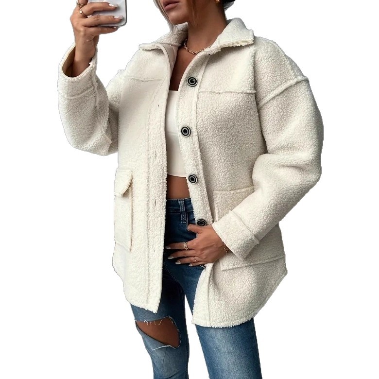 Abrigo Polar de Mujer con Solapa y Bolsillos - Blanco Lechoso (Tallas S a 2XL)